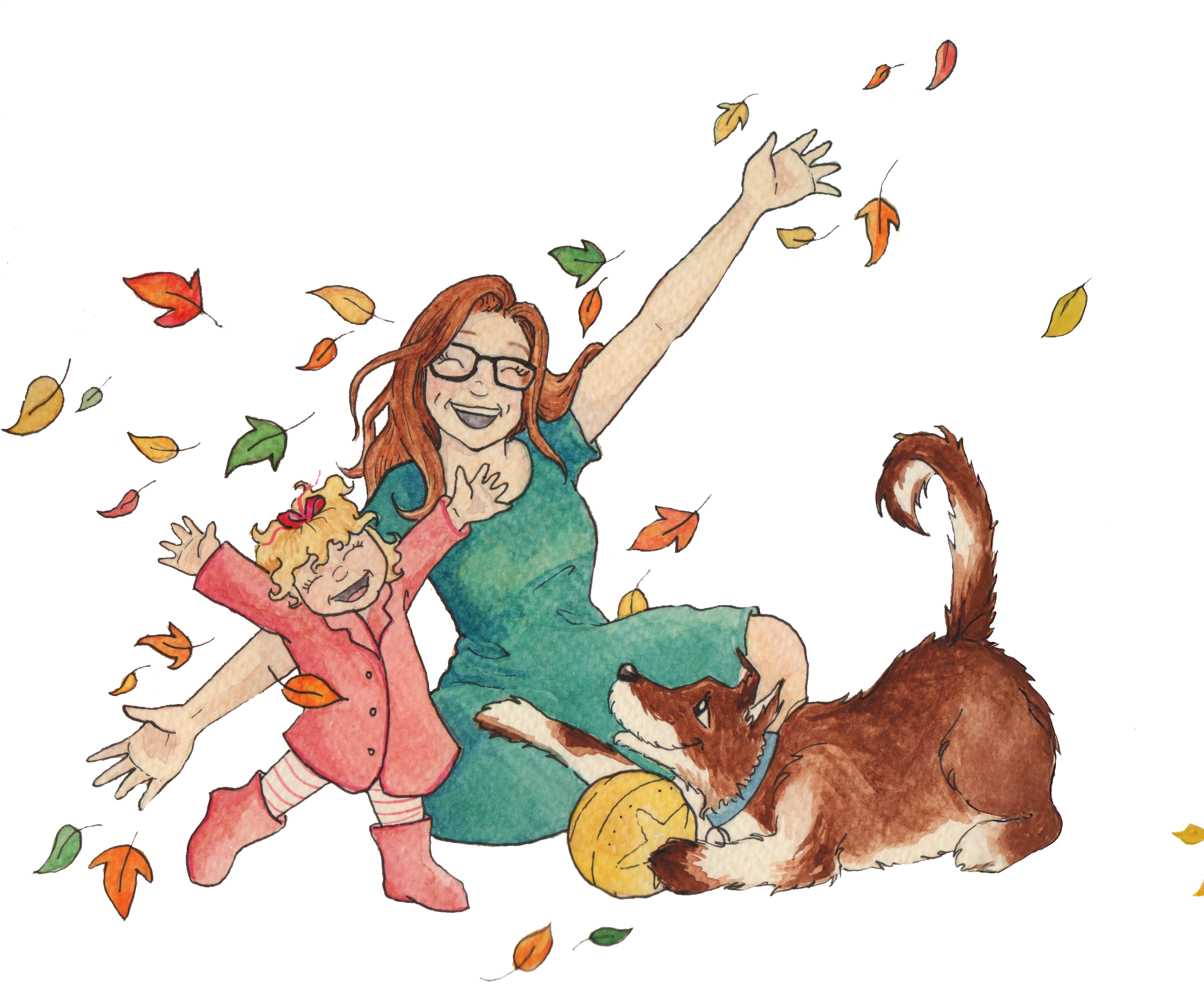 Illustration of a woman, child, and a dog playing with leaves. The woman is wearing a green dress and glasses, holding up her arms joyfully. The child in a pink coat and boots is smiling, while the dog is playfully interacting with a ball.