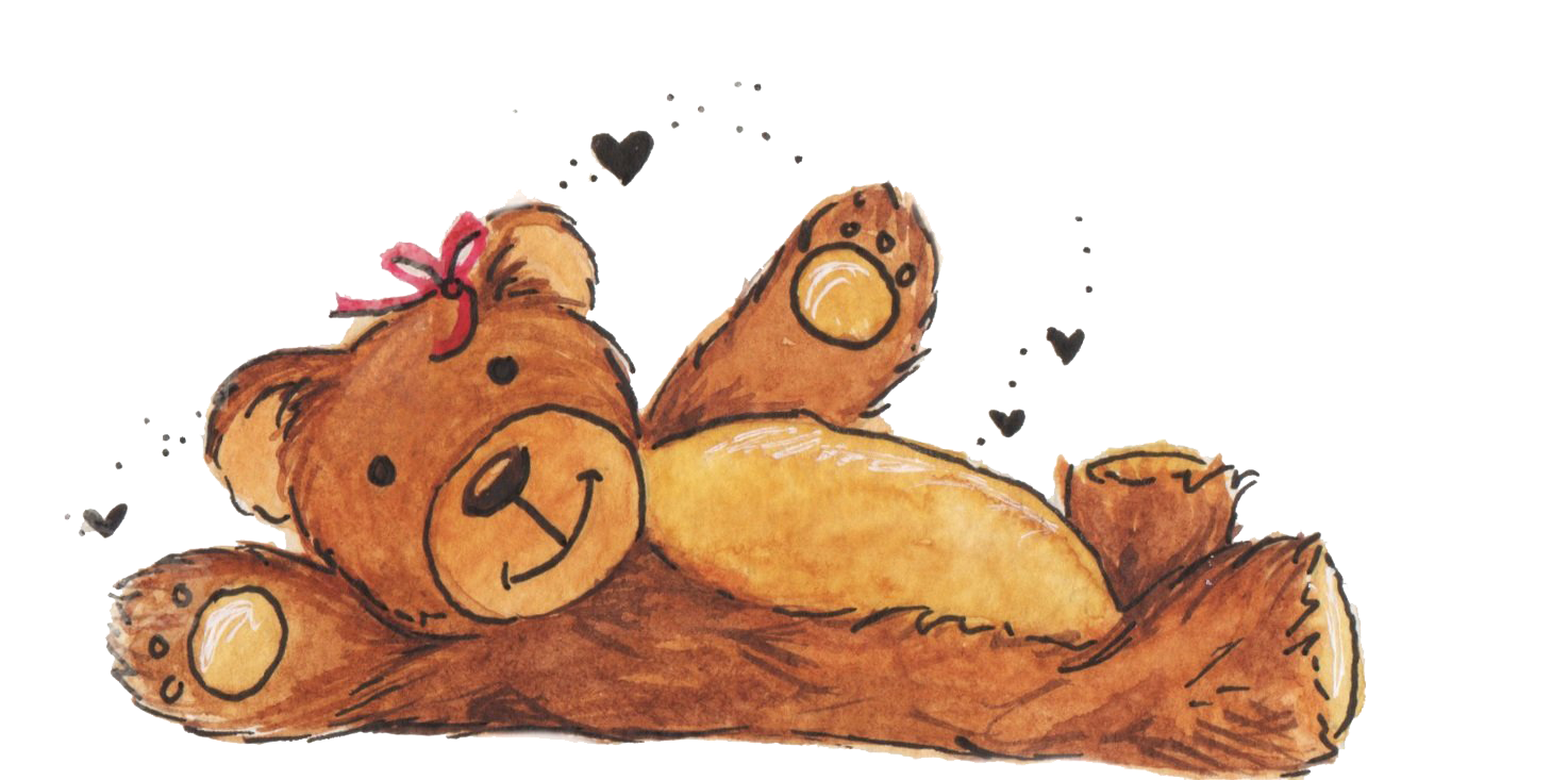 Illustration of a brown teddy bear lying on its back with a pink bow on its head and small black hearts around.