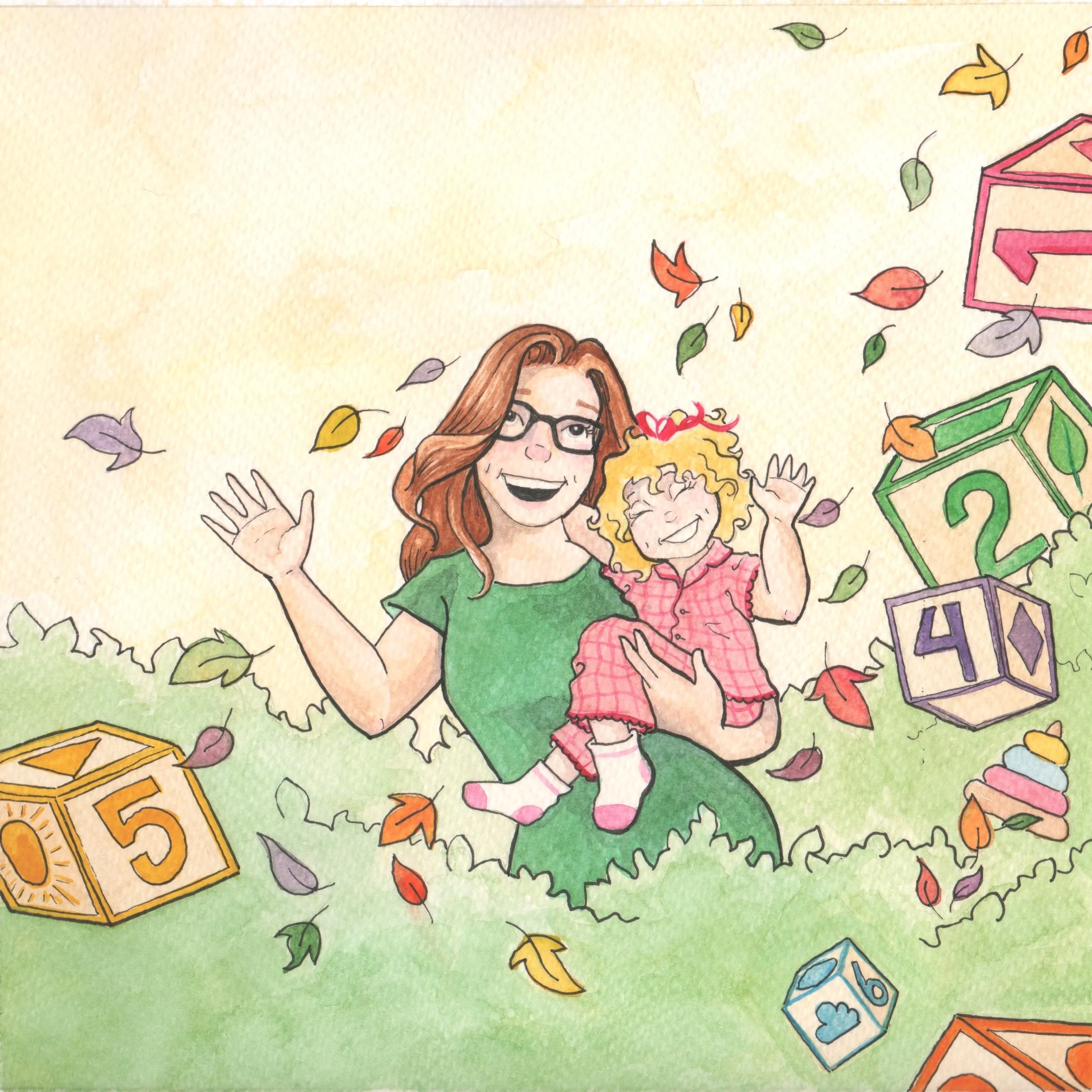 Illustration of a woman and a child in a playful setting with autumn leaves and toy blocks.