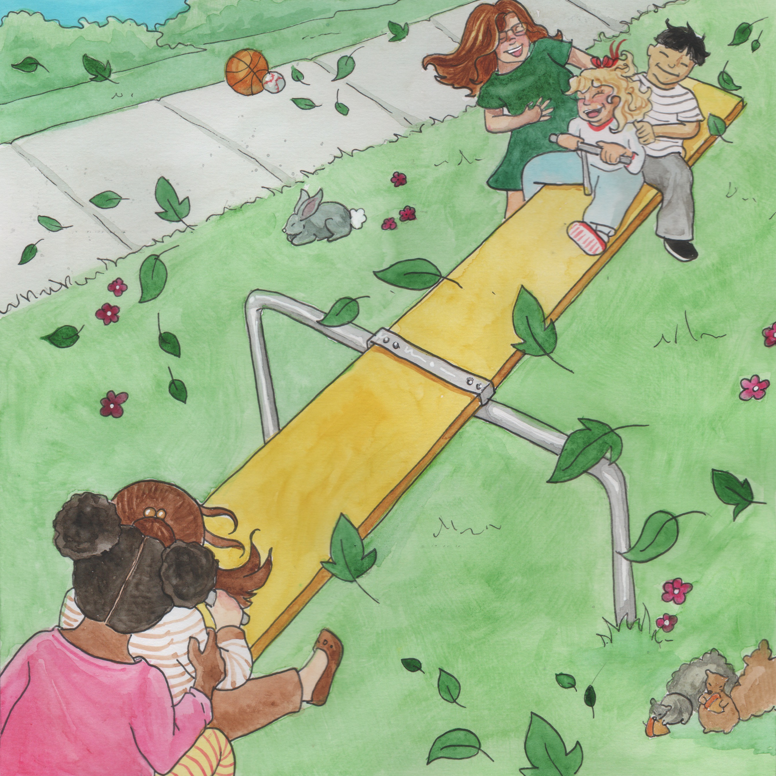 Children playing on a seesaw in a park, with a bunny and guinea pig nearby, surrounded by leaves and flowers.