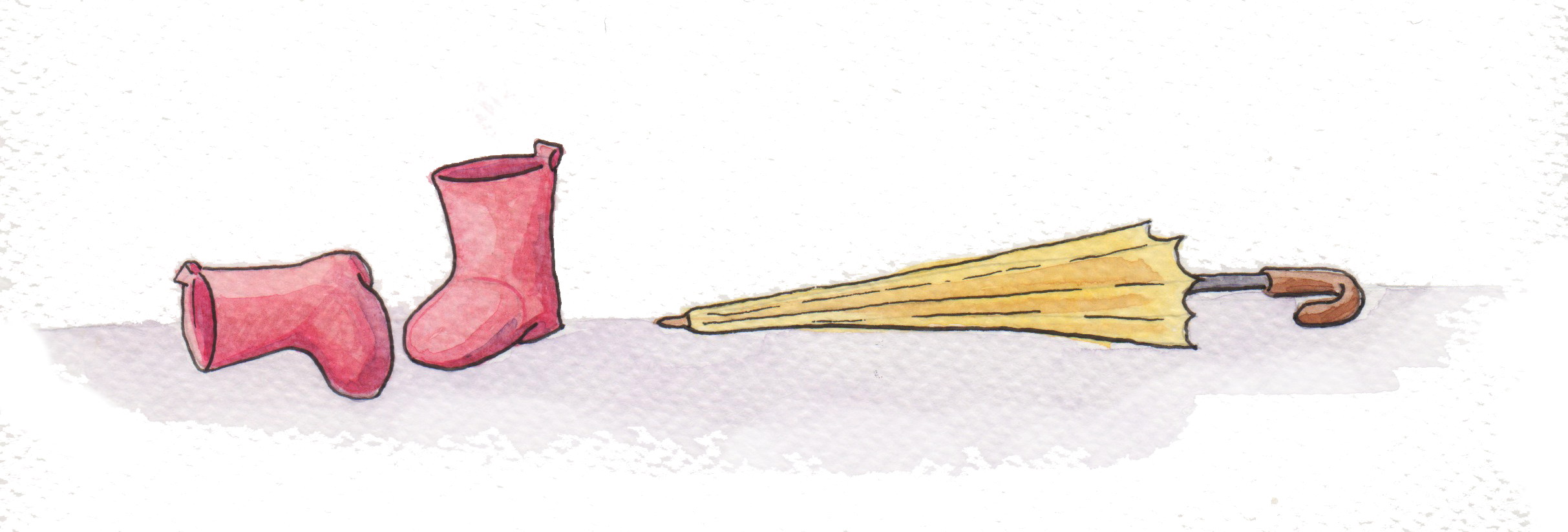 Illustration of pink rain boots and a closed yellow umbrella