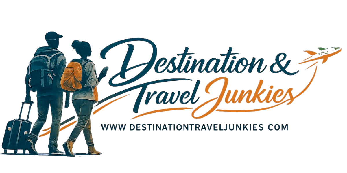 Three travelers with backpacks and rolling suitcases walk towards the destination and travel agency sign which features an arrow pointing upwards.