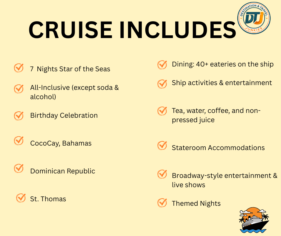 Information about cruise package including 7 nights at Star of the Seas, all-inclusive meals, birthday celebration, in CocoCay, Bahamas, Dominican Republic, and St. Thomas, dining with 40+ eateries, ship activities and entertainment, beverages, stateroom accommodations, Broadway-style shows, and themed nights.