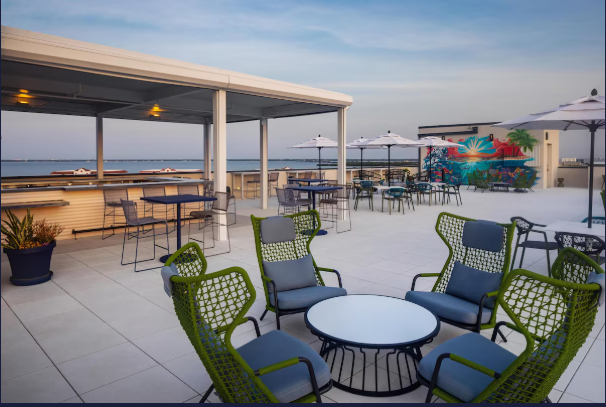 Outdoor rooftop lounge with seating, tables, umbrellas, and ocean view in the background.
