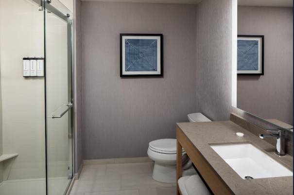 Modern bathroom with walk-in shower, toilet, and vanity with sink, framed abstract artwork on the wall, and a mirror.