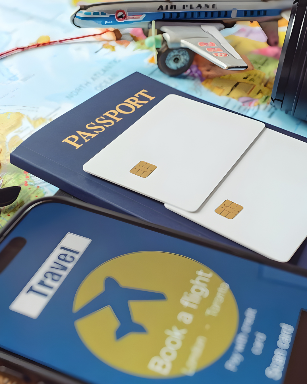 A travel-themed setup with a passport, two white credit cards with gold chips, a flight ticket sticker, and an airplane-themed sticker on a colorful floral background.