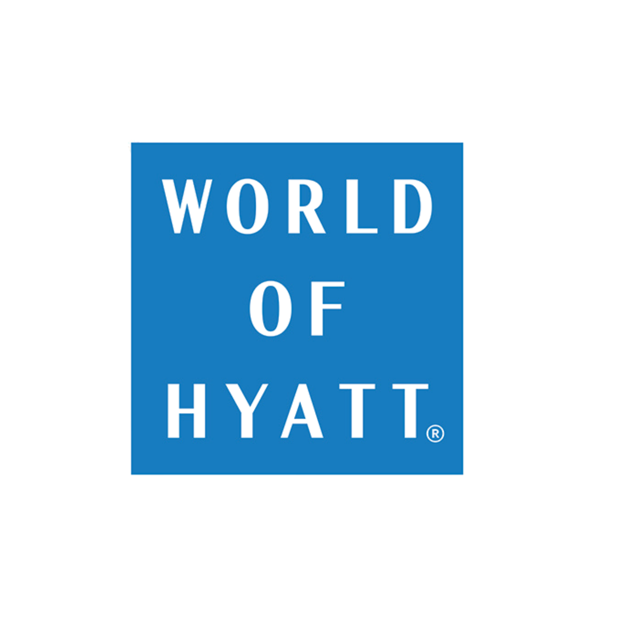 Blue square logo with the words 'WORLD OF HYATT' cut out in uppercase letters.