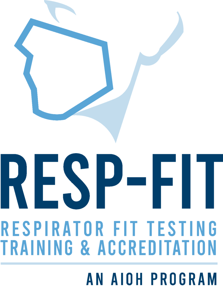 The logo for RESP-FIT with the outline of a face with a protective mask overlayed featuring the name RESP-FIT and the words respirator fit testing, training and accreditation.