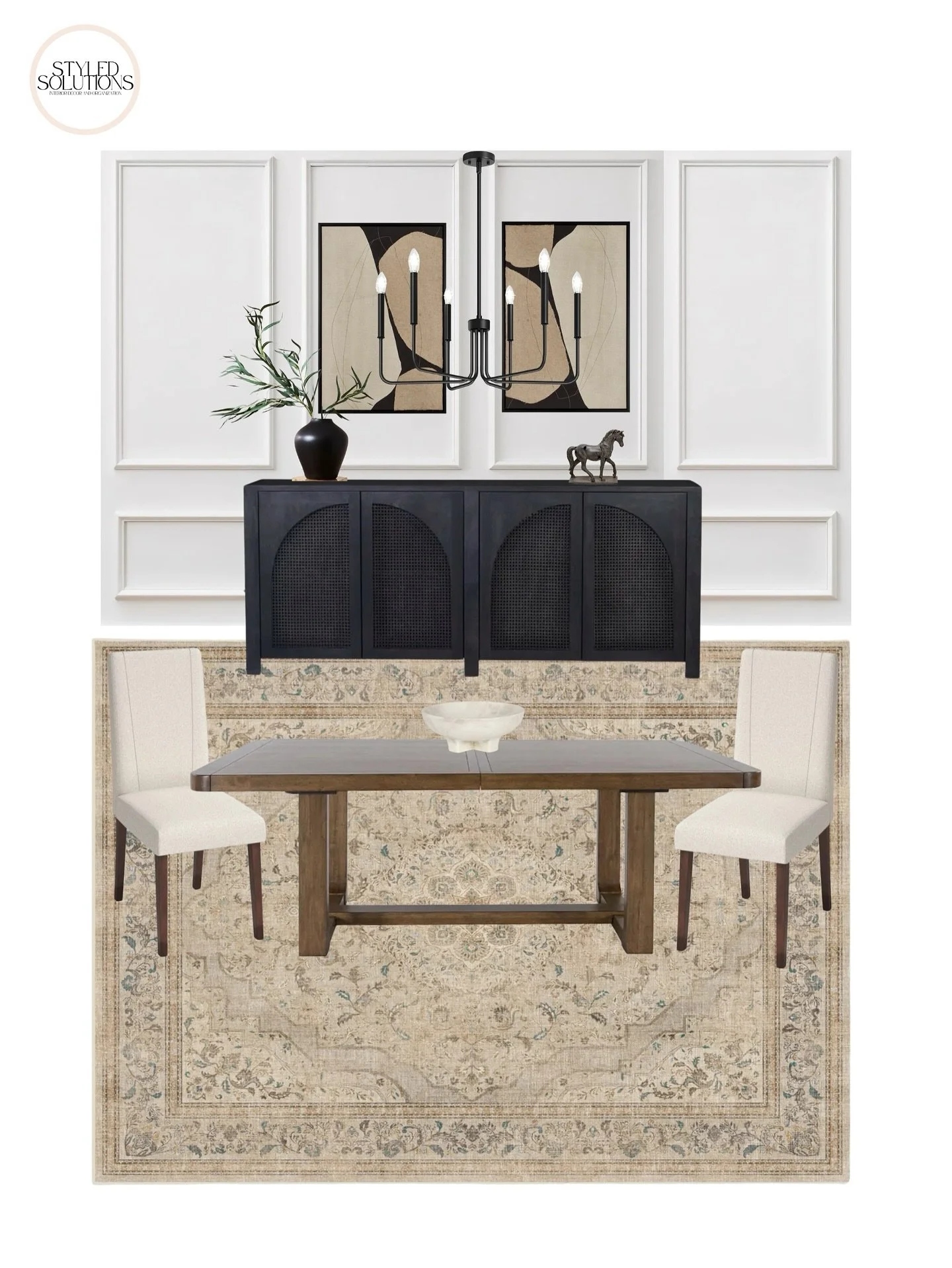 Dine in Style ✨

For this design I wanted to blend timeless details with a modern contrast. The picture frame moulding adds architectural interest and a more classic look, while warm wood tones and a soft patterned rug ground the space creating a coz