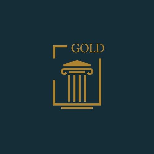 Gold-colored logo with a classical pillar and the word 'GOLD' above it on a dark background.