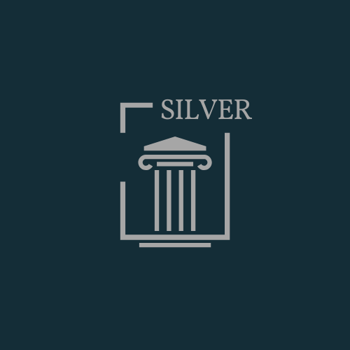 Logo with a column and the word 'SILVER' above it on a dark blue background.