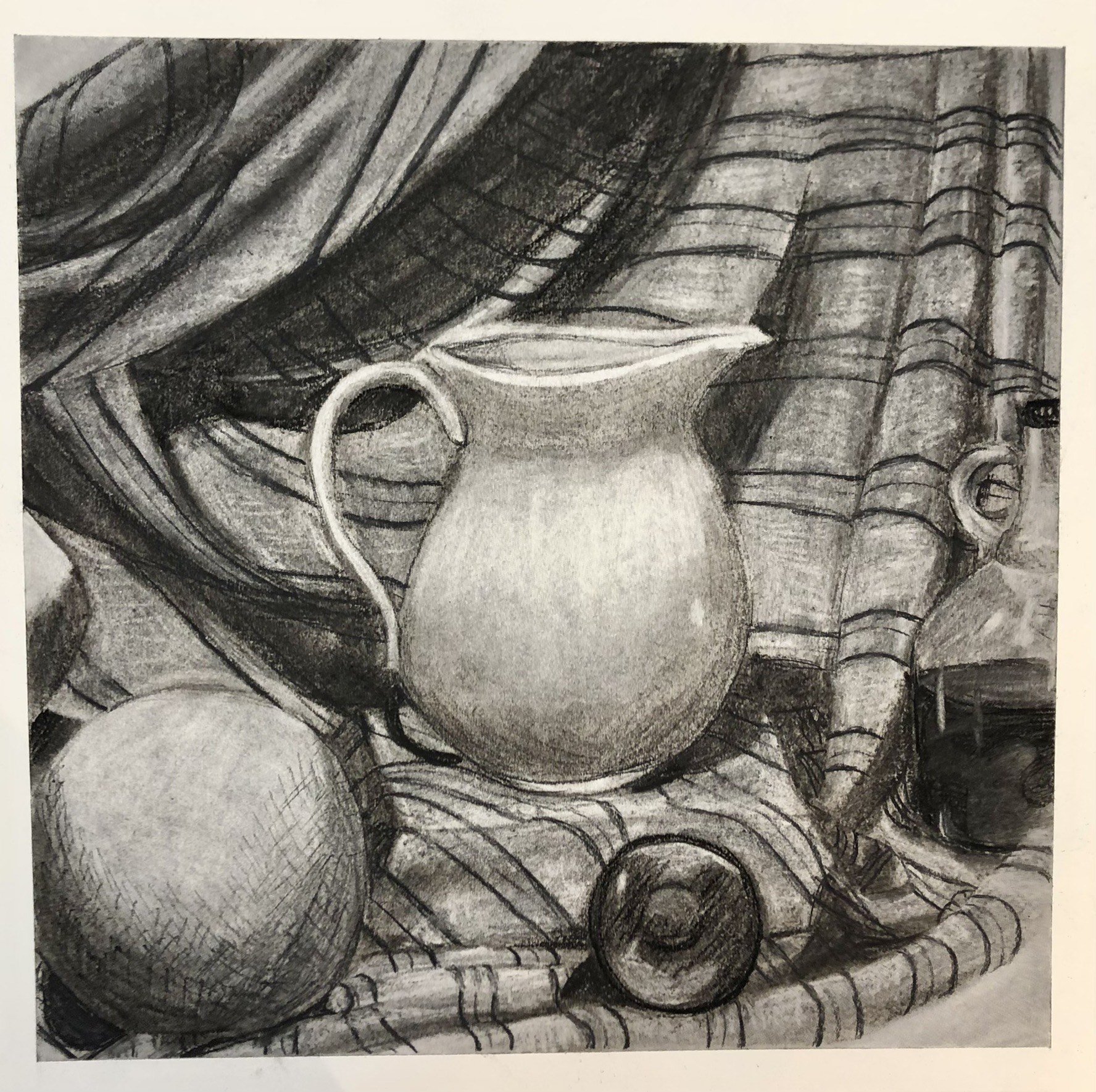 Compressed charcoal and charcoal pencils on newsprint paper.