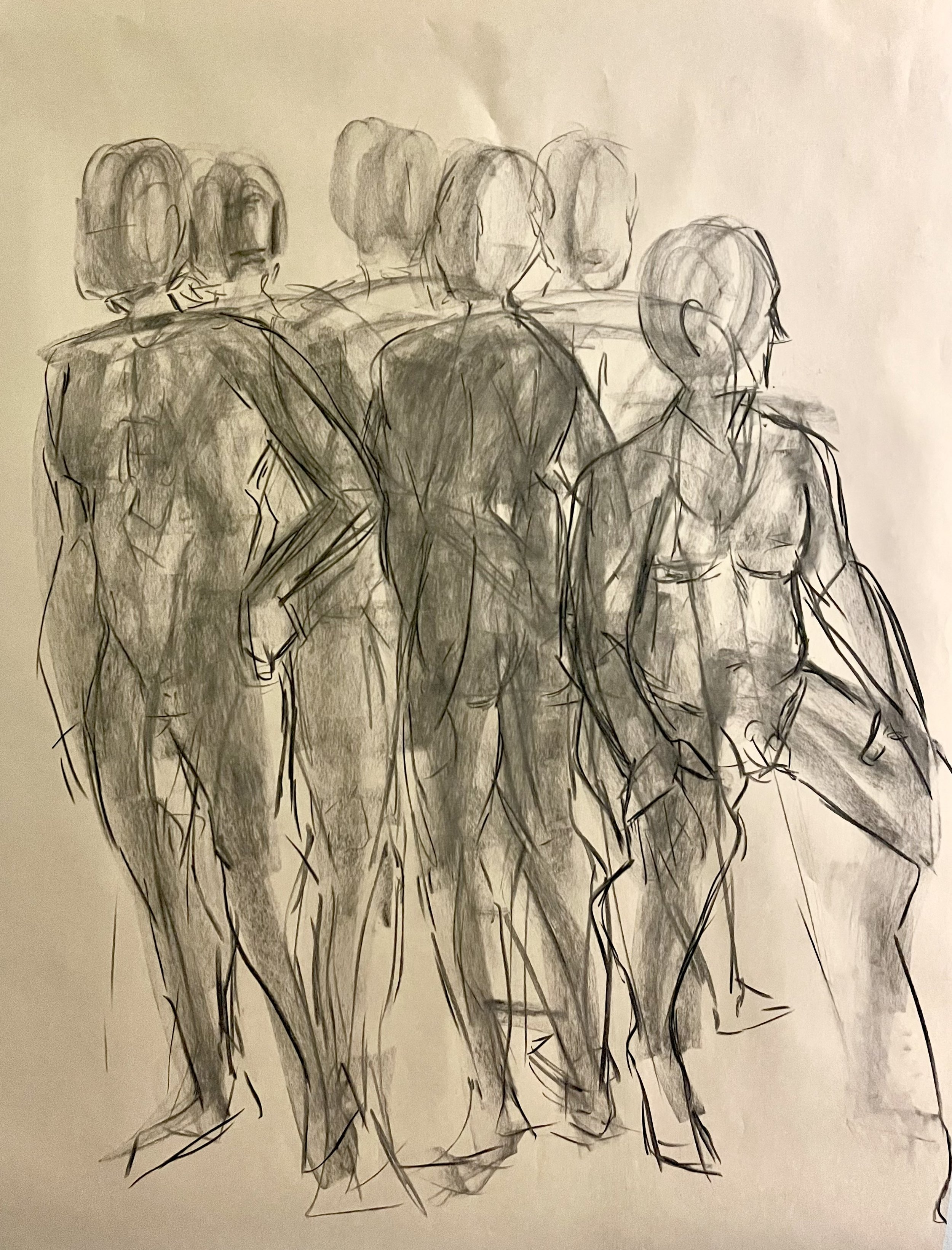 Figure studies, 3 minutes each figure. Vine charcoal on kraft paper.