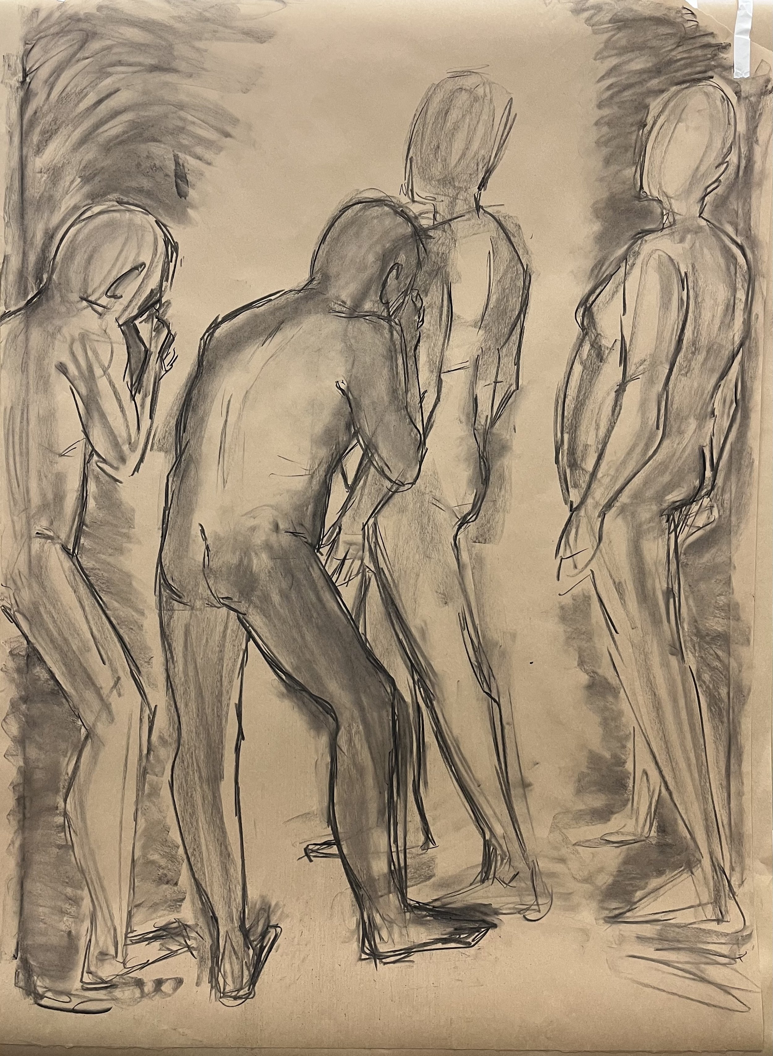 Figure studies, leftmost figure and rightmost figure 3 minutes each, middle figures 10 minutes each. Vine charcoal on kraft paper.