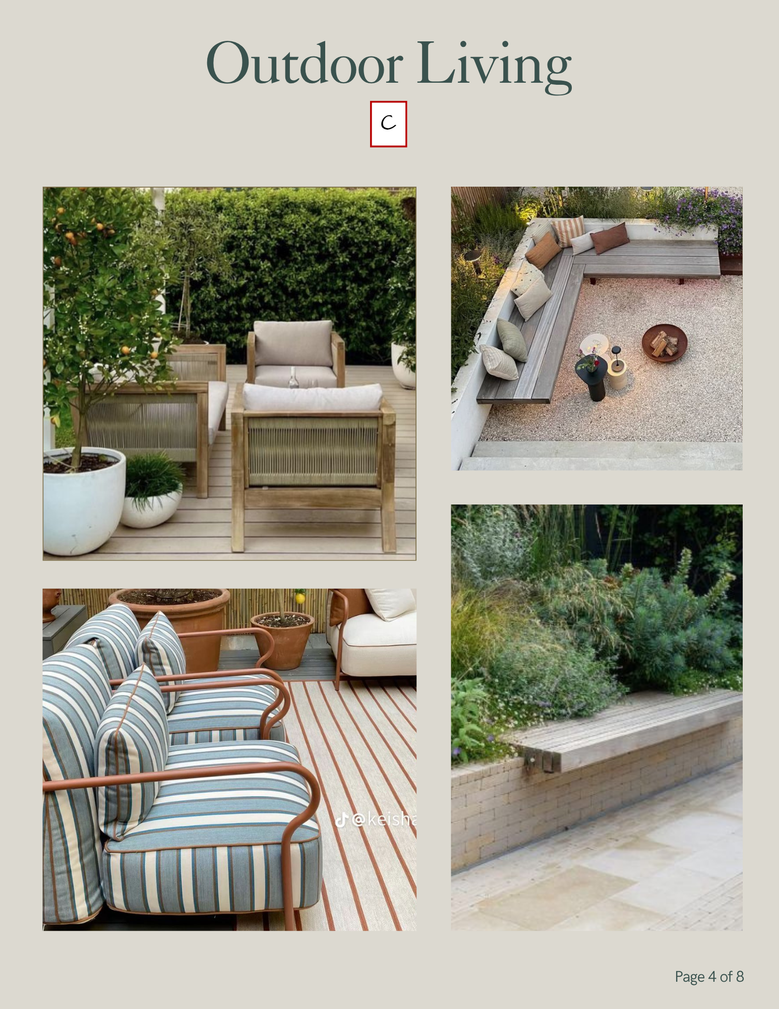 A magazine page titled "Outdoor Living" showing various outdoor furniture and landscaped garden areas, including a patio with striped chairs, a wooden seating area with cushions, and lush greenery with shrubs and trees.