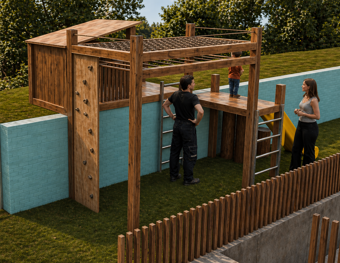 A wooden outdoor playground structure with climbing walls, a slide, and a bridge, surrounded by a small yard with grass and a wooden fence, with adults and children playing.