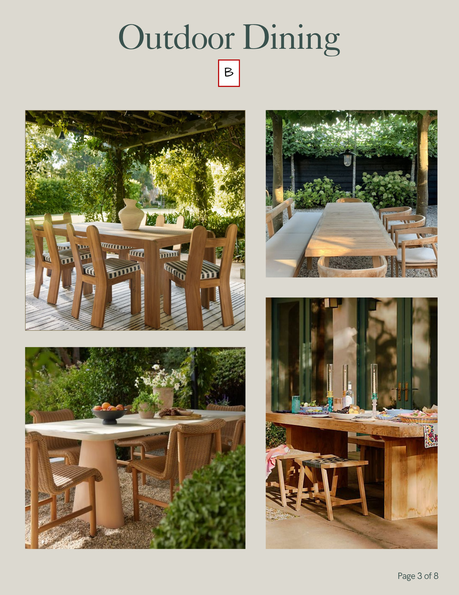 Page 3 of 8 showing outdoor dining areas with various tables and chairs, surrounded by greenery and trees, featuring different styles of outdoor furniture and decor.