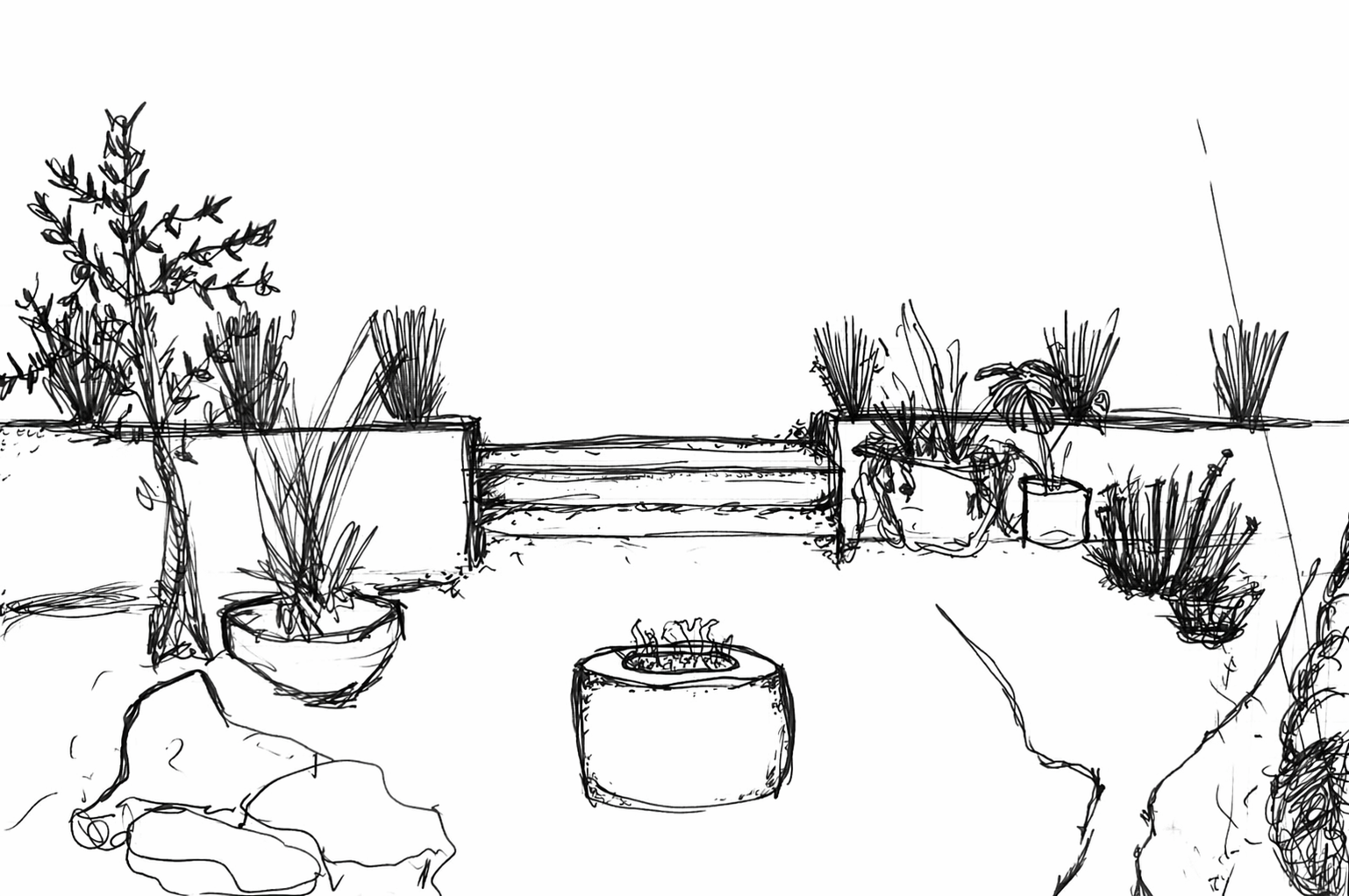 Sketch of an outdoor patio with potted plants, a fire pit in the center, and steps leading up to a higher level with more plants on either side.