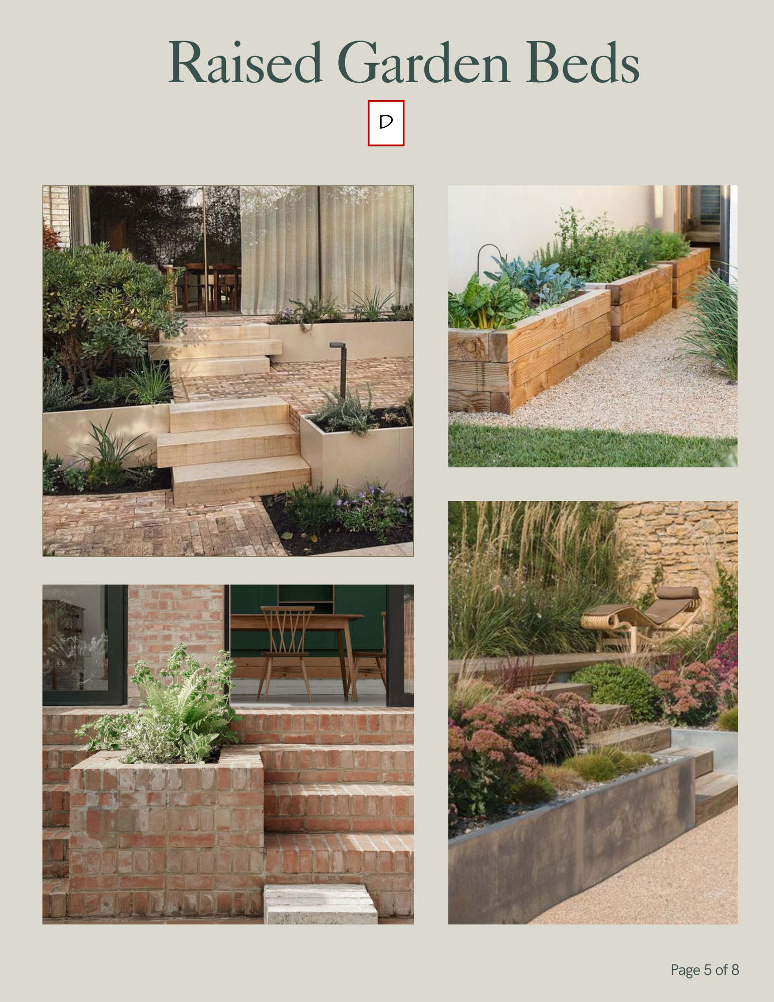 Page from a garden design catalog titled 'Raised Garden Beds' showing various styles of raised garden beds made of wood and brick, with some beds filled with plants, and others used for seating and decoration.
