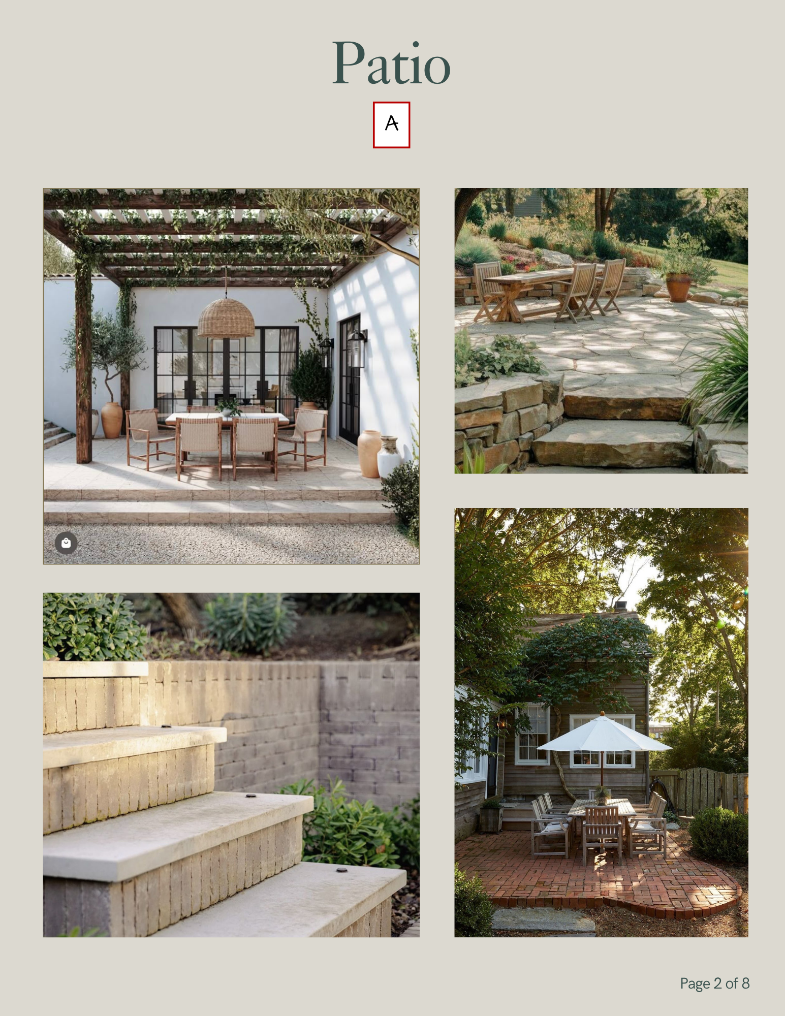 Collection of images showcasing backyard patios and outdoor dining spaces. Includes a covered patio with a dining table and chairs, stone patio with a wooden table and chairs, brick steps leading up to a backyard with outdoor furniture and a white patio umbrella, and a view of a house with trees and sunlight filtering through.