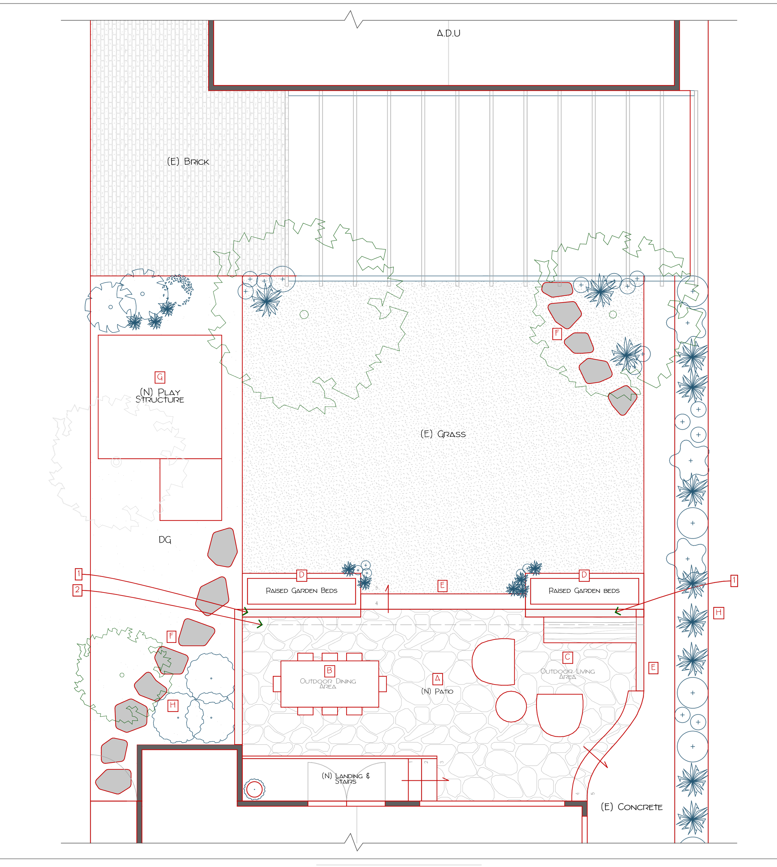 Detailed architectural design plan of a sports court and surrounding landscape with areas labeled for features and plants, including basketball courts, pathways, and greenery.