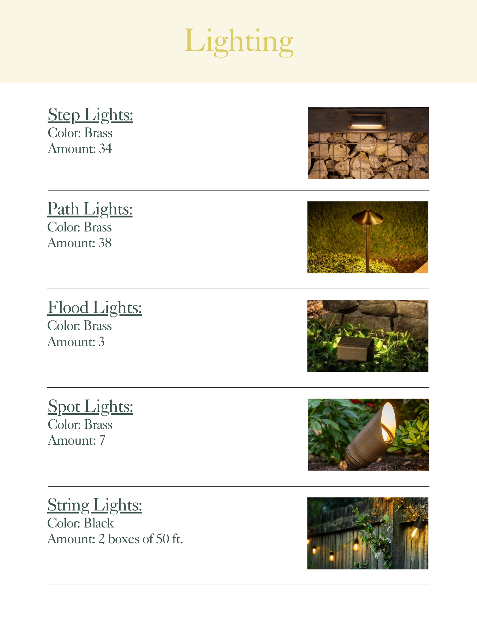 A product list showing various outdoor lighting fixtures with descriptions and images, including step lights, path lights, flood lights, and string lights in brass or black colors.