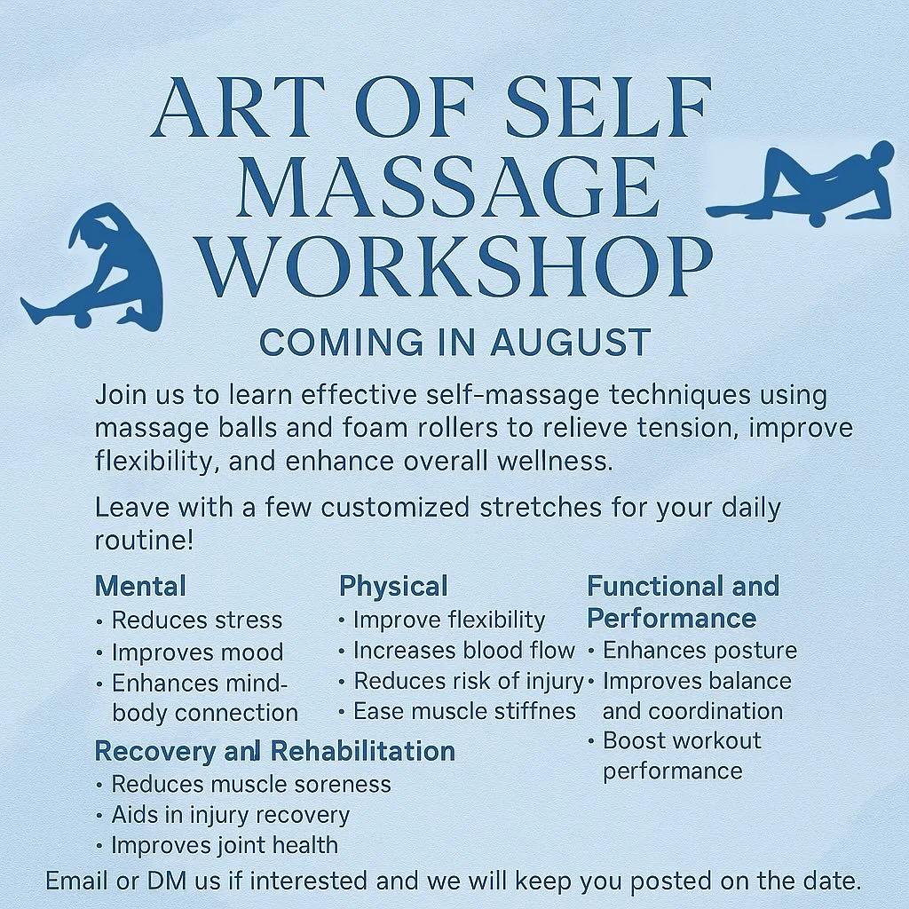 ✨ Tension? Stress? Soreness? ✨
Learn to release it all with our Art of Self-Massage Workshop &mdash; coming this August! 

DM us if you have more questions!!!

#SelfMassage #WellnessWorkshop #RecoveryTools #StretchSmart #FoamRollerLove #MindBodyConne