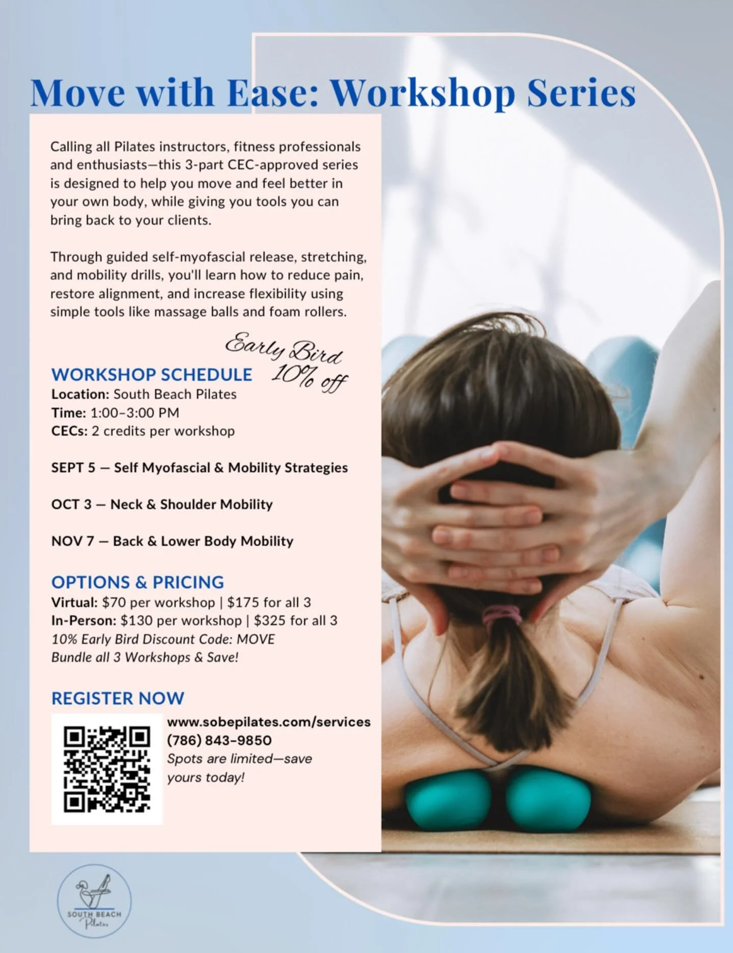 Train smarter, feel better. 🧘&zwj;♀️ Join our CEC-approved mobility workshops.✨ 

#pilates #pilatesclass #miami #southbeachpilates  #southbeach #pilatesglow #pilatesprincess #pilatesstudio #workout #class #pilatesisforeverybody