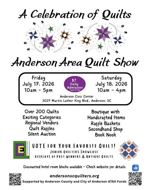 Hello North Carolina Quilters!
Mark Your Calendars for July 17 &amp; 18 for the Anderson Area Quilt Show in Anderson SC. We invite you to attend with a friend or a group to see over 200 quiltsby members of Prickly Fingers and Electric City Quilters G