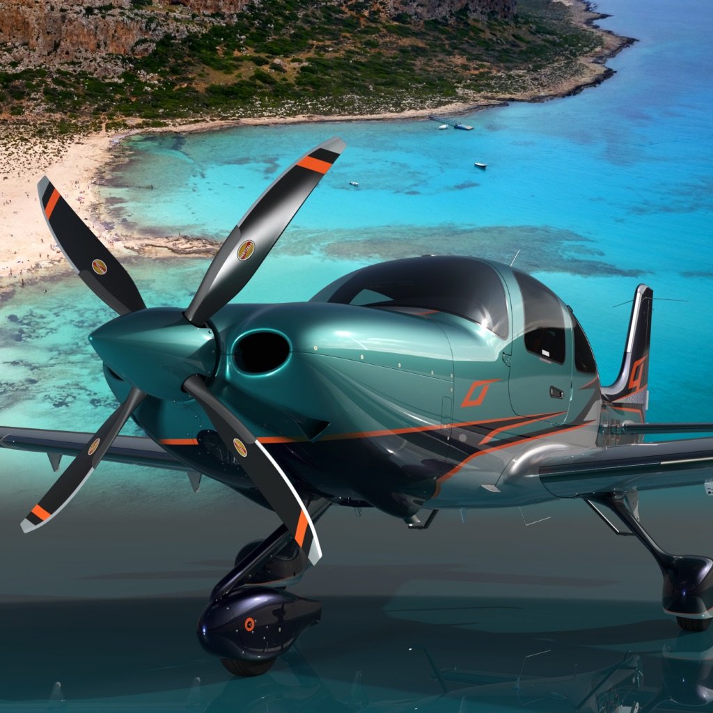 A futuristic aircraft flying over a tropical beach with clear blue water and sandy shores.