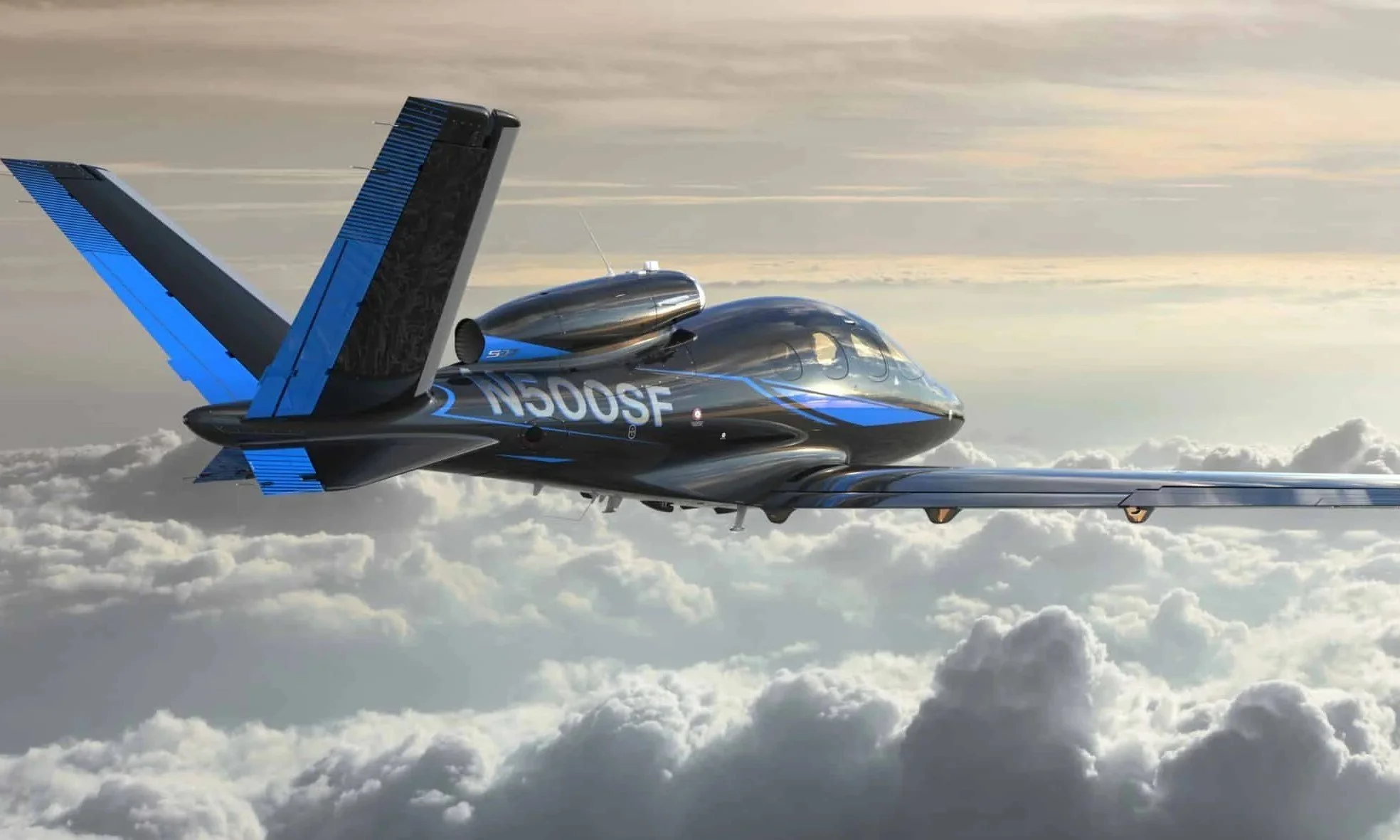 A sleek, modern jet aircraft flying above clouds during sunset or sunrise.