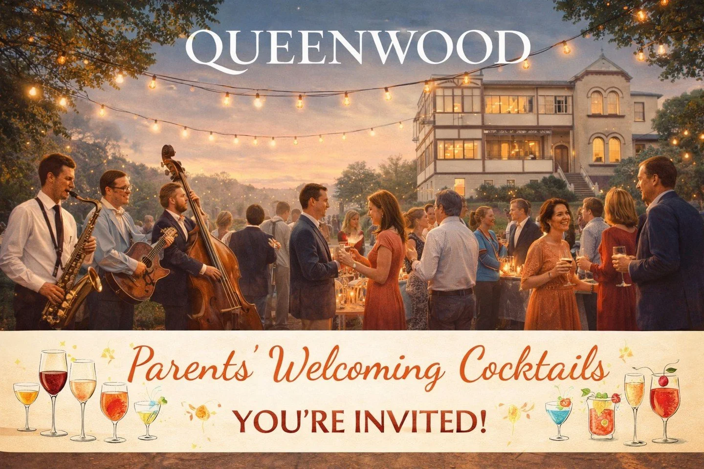 You are invited to an elegant evening hosted by the Queenwood Parents' Association.

This annual gathering offers a wonderful opportunity to connect with members of the Queenwood community.

Date: Friday 13th February 2026
Time: 6:00pm - 8:00pm

#que