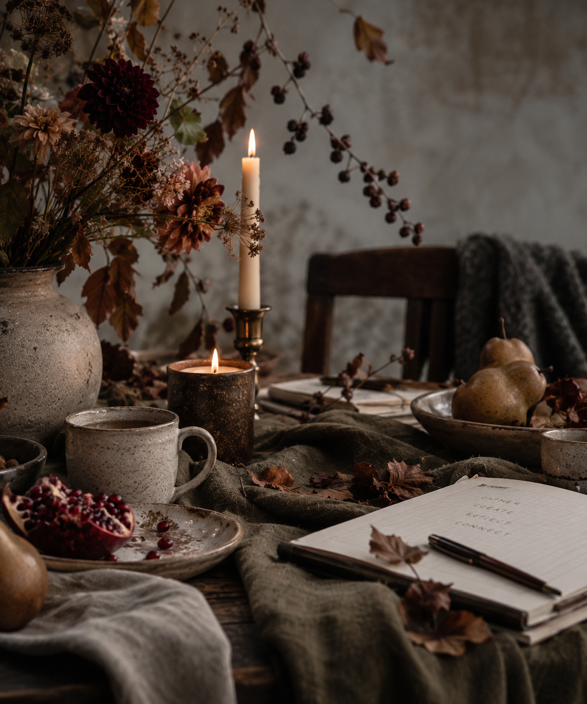 A cozy autumn table setting with a large vase of dried flowers, lit candles, a bowl of pears, an open notebook with a pen, a mug, pomegranate, and scattered dried leaves.