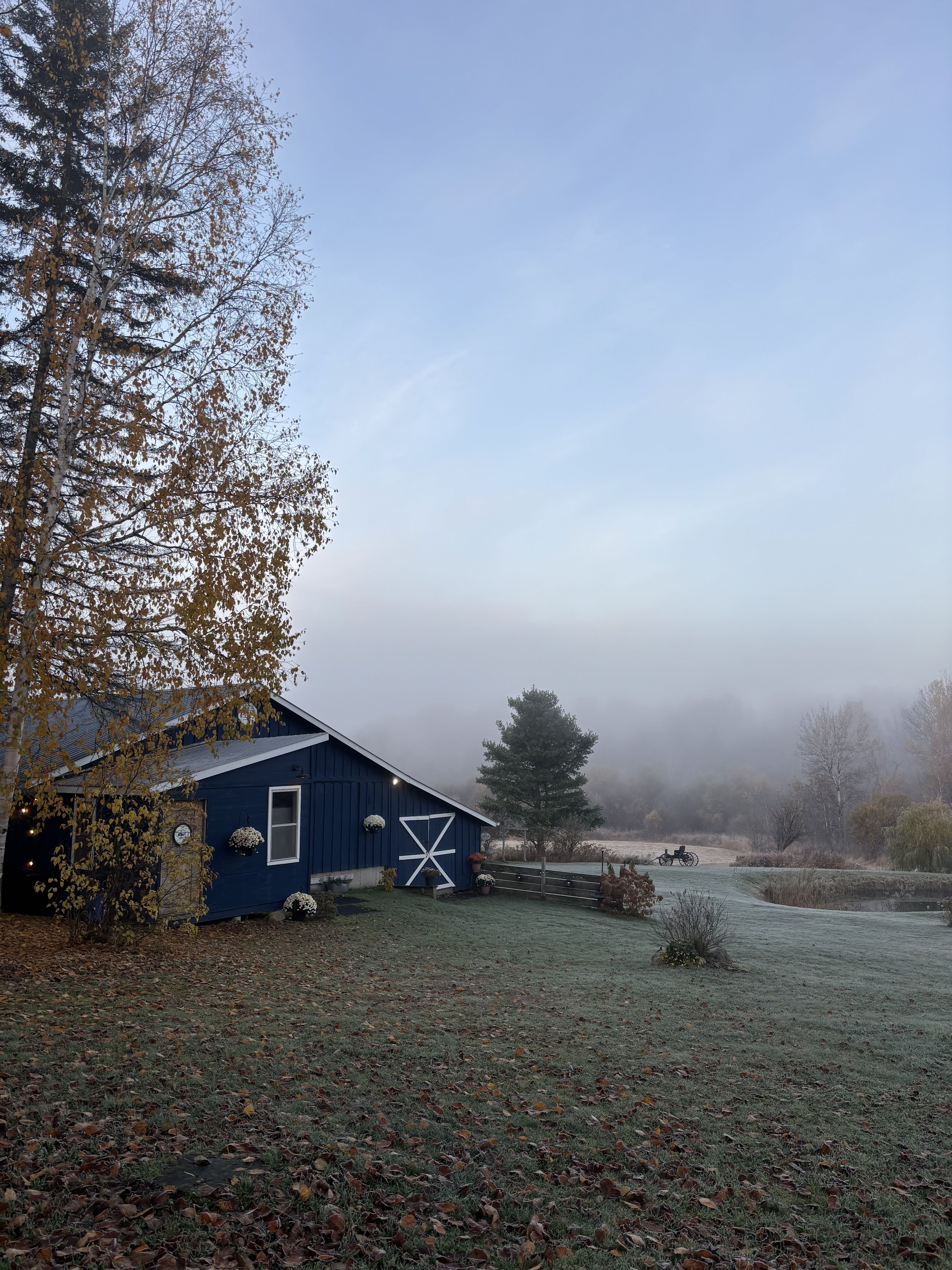 A rural scene with a blue barn, autumn trees, and a foggy background.