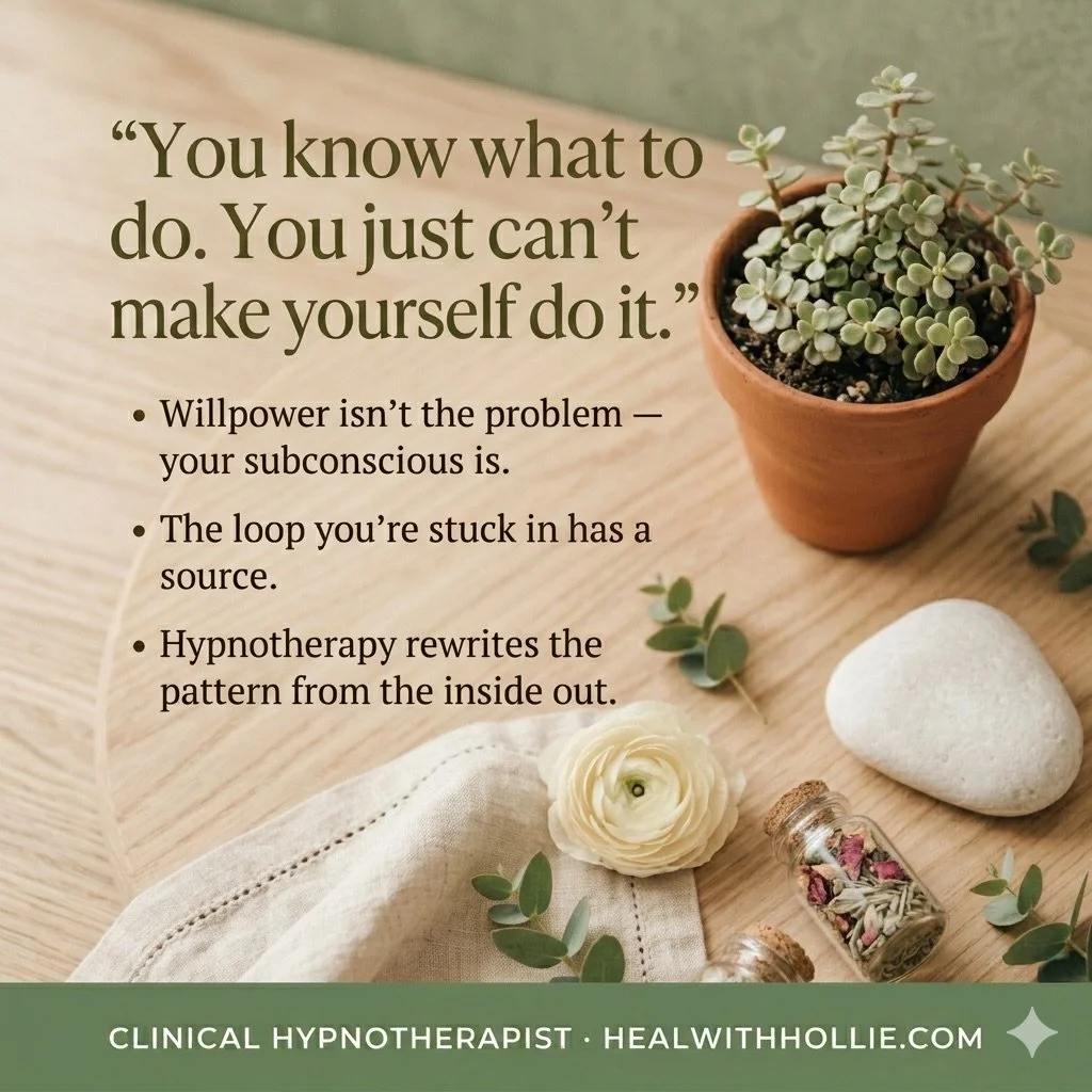 🍃🌱

⚡ The block isn&rsquo;t weakness &mdash; it&rsquo;s programming.

Knowing and doing are two different things &mdash; and the gap between them lives in the subconscious. Hypnotherapy gets underneath the loop and rewrites it where it actually sta