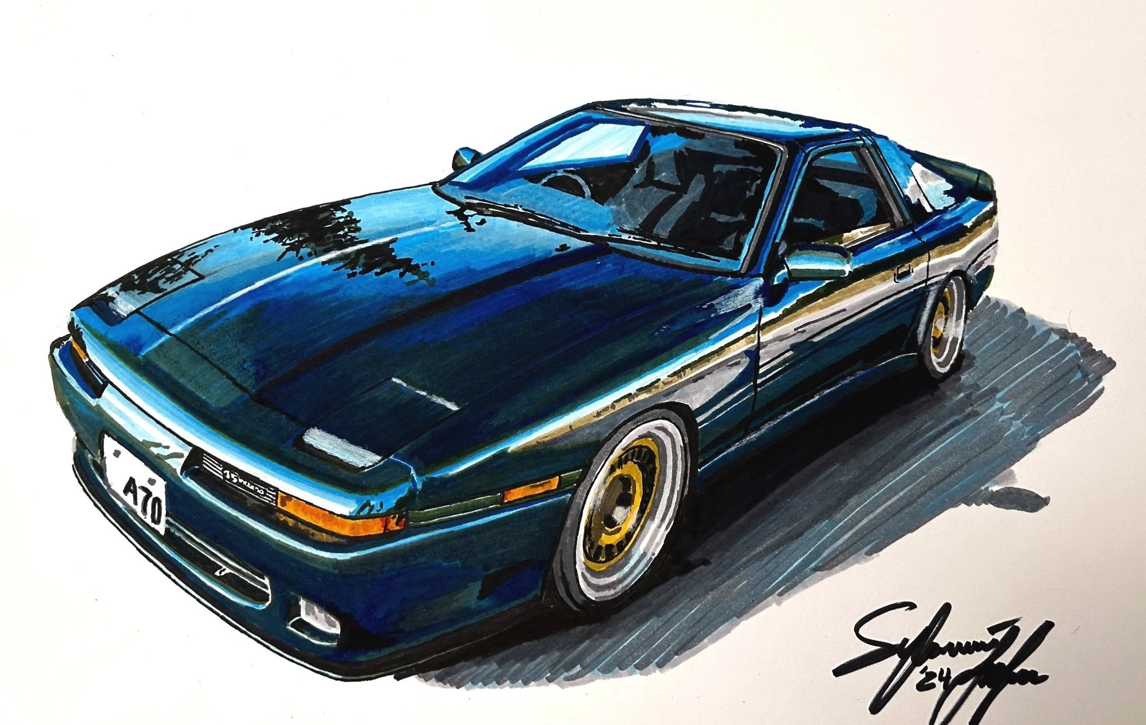 Illustration of a classic dark blue sports car with gold wheels parked on a shaded surface, signed by the artist.