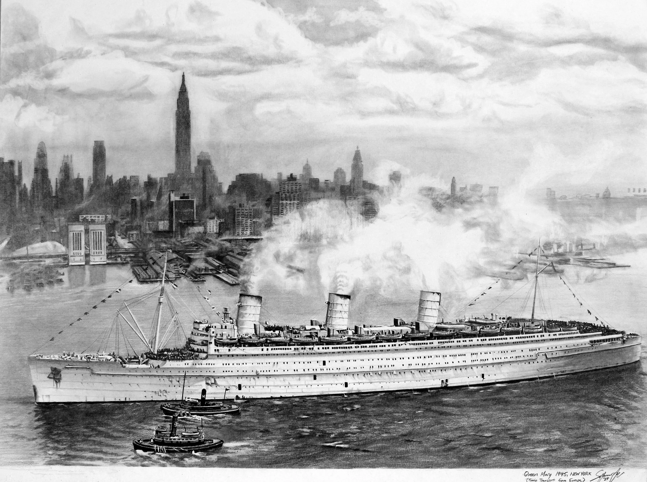 A black and white illustration of a large passenger ship, the Queen Mary, in New York Harbor with the Manhattan skyline, including the Empire State Building, in the background.