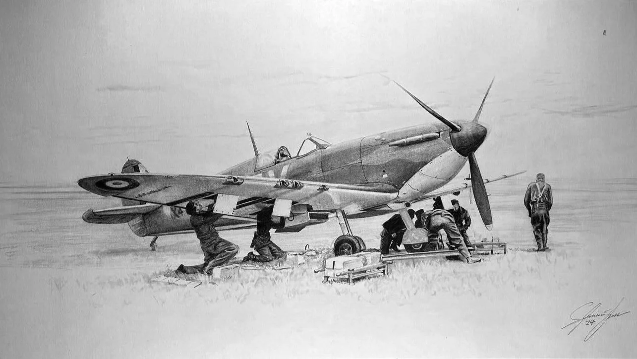 Black and white drawing of a WWII-era fighter plane on the ground with four men working on it and one man walking away.