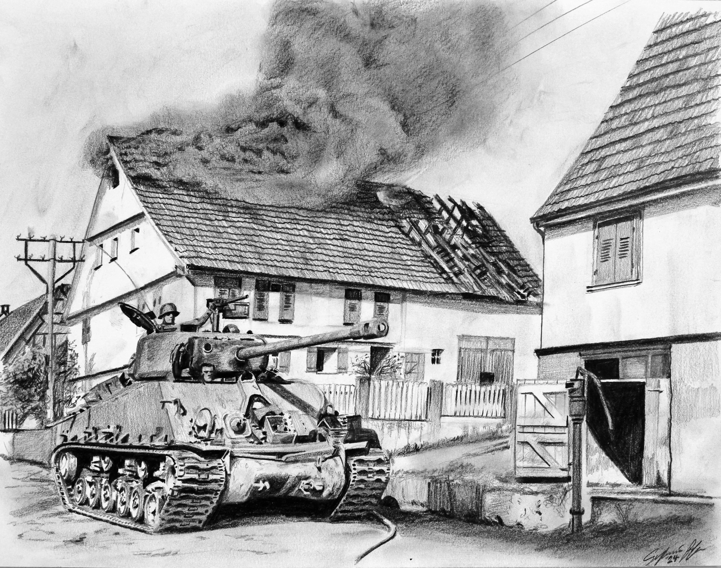 A charcoal drawing of a tank parked in a residential area with houses and a cloudy sky overhead.