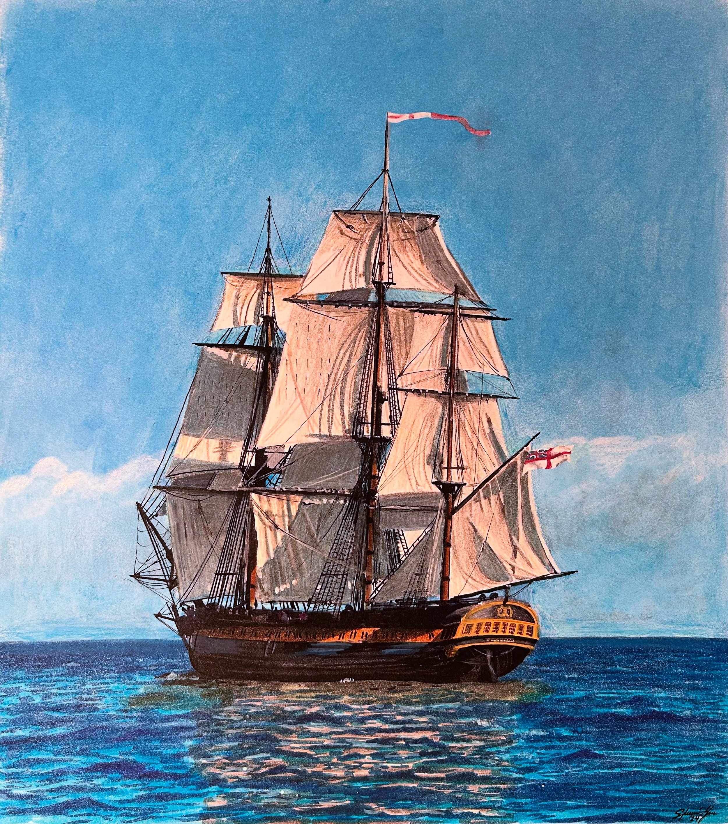 Painting of an old-fashioned sailing ship with multiple masts and sails on calm blue ocean under a clear sky.