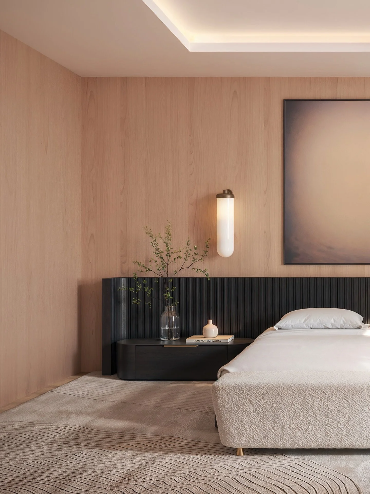 This primary bedroom was all about creating visual calm. Streamlined custom furniture, subtle contrast and carefully edited styling make this space feel open, grounded and effortless. 

IN WORK : Completion late 2026
PROJECT : Abu Dhabi Coast