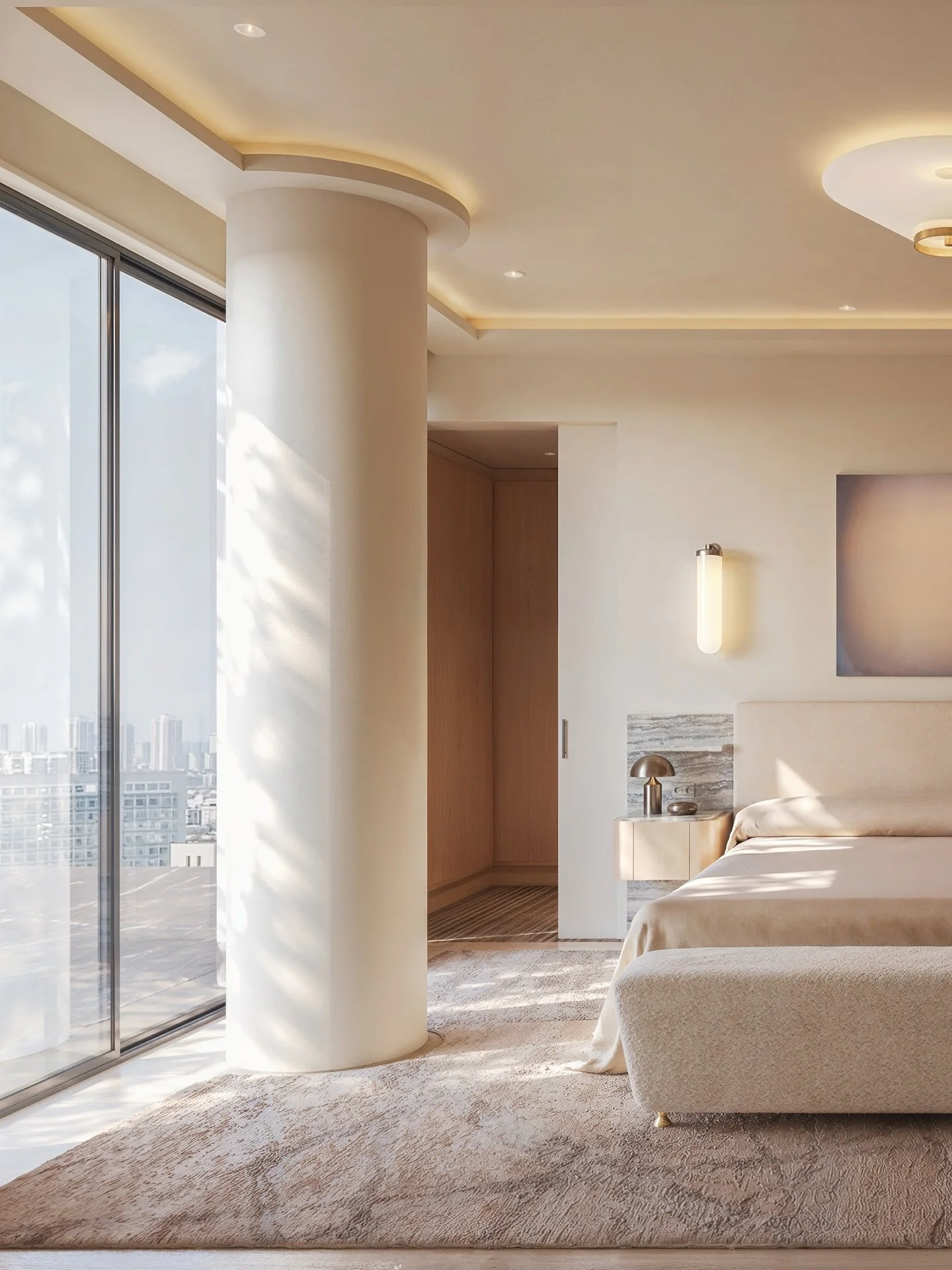 Reimagining this bedroom came with a few design challenges, including a large structural column and dual access to the walk-in closet that left us with a smaller bed wall to work with. 

>> SWIPE >> to See CURRENT &amp; BEFOFE Images

To 