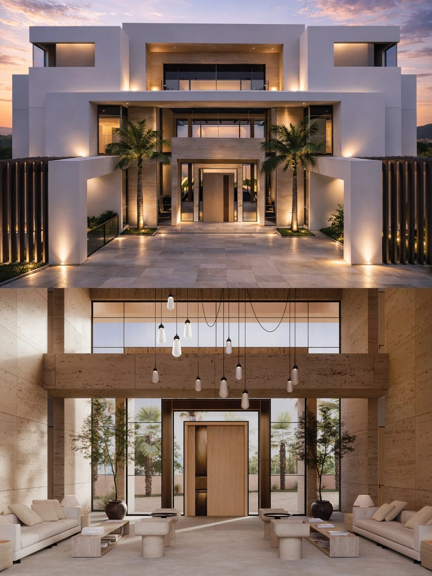 Exterior / Interior Living : When designing the interior of this home our clients trusted us when we suggested bringing the travertine from the exterior to the interior and accentuating the grand scale of the formal entry by carrying the stone to the