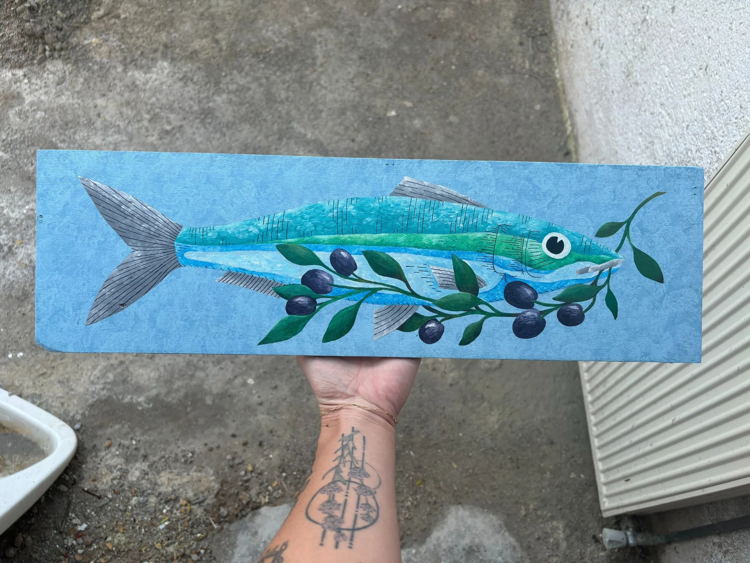 Sardine with an Olive Branch - Acrylic on Found Wood