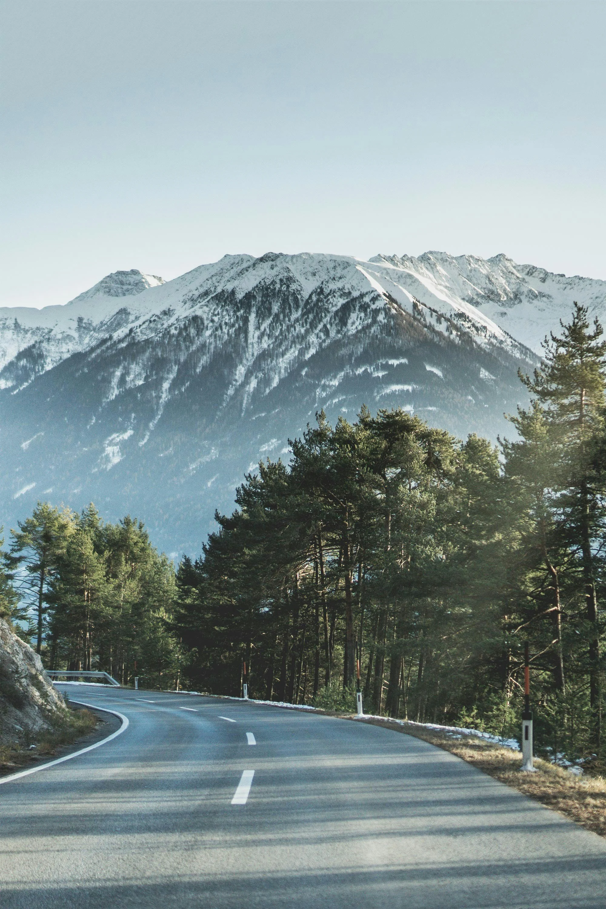 A winding mountain road with trees on the sides, leading toward snow-capped peaks under a clear sky.