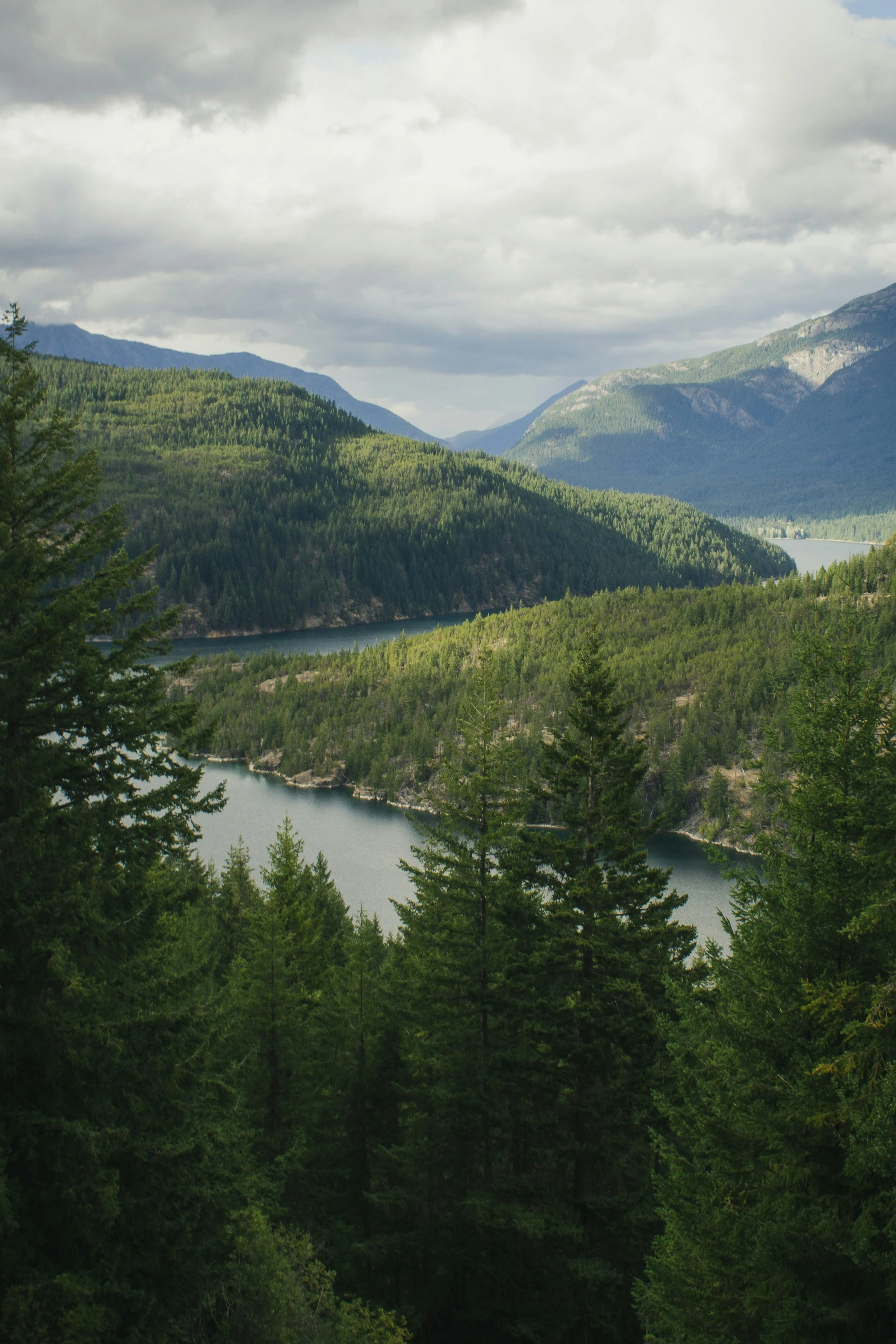 A scenic view of a lake surrounded by dense, green forested mountains under a cloudy sky.