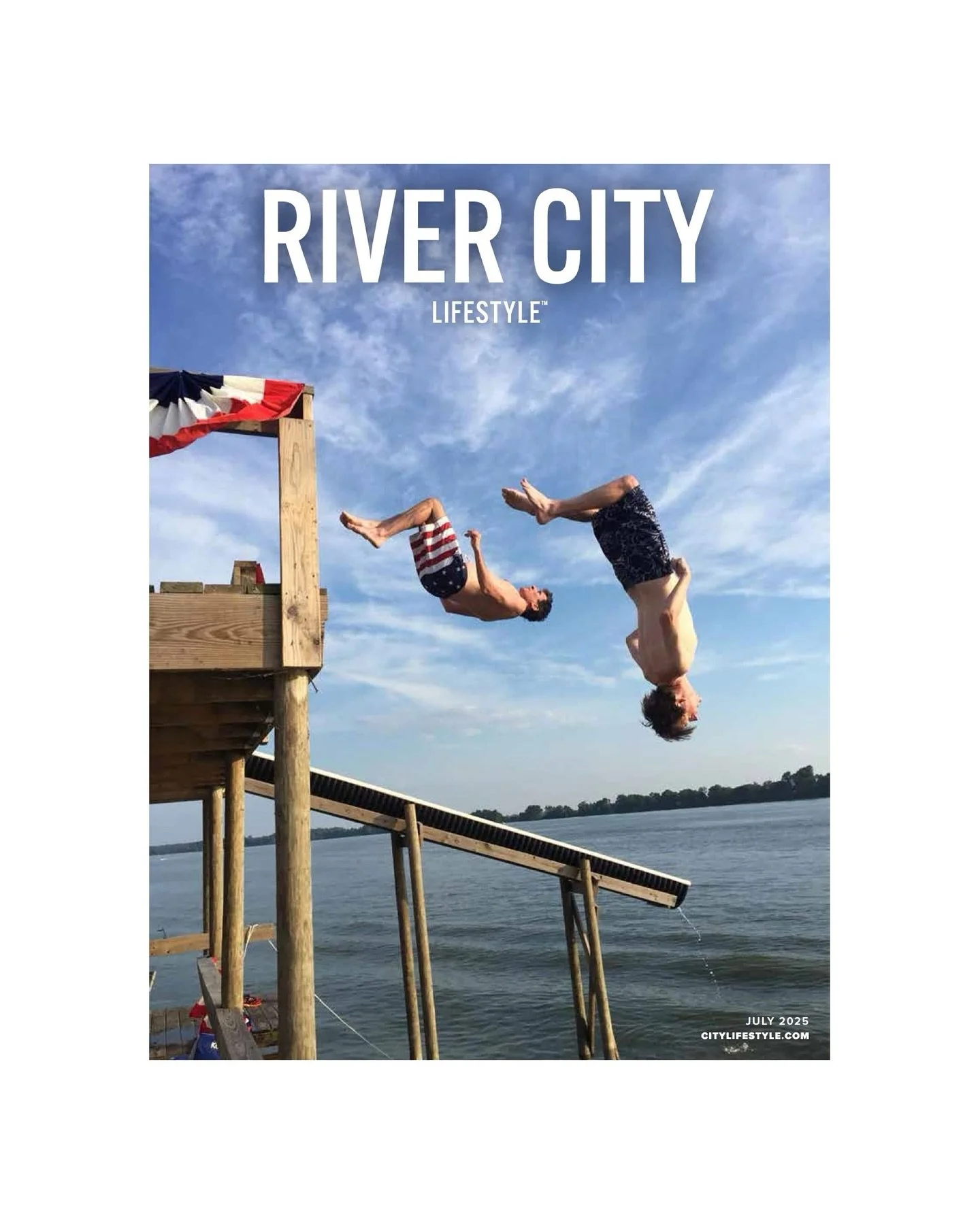 Happy July! Our Explore issue is here.

We are pleased to report that our cover guys/stuntmen, Philip Zanone Jr. and Neil Johnson, landed safely in Horseshoe Lake.

Read more about this exploration destination near and dear to many River City residen