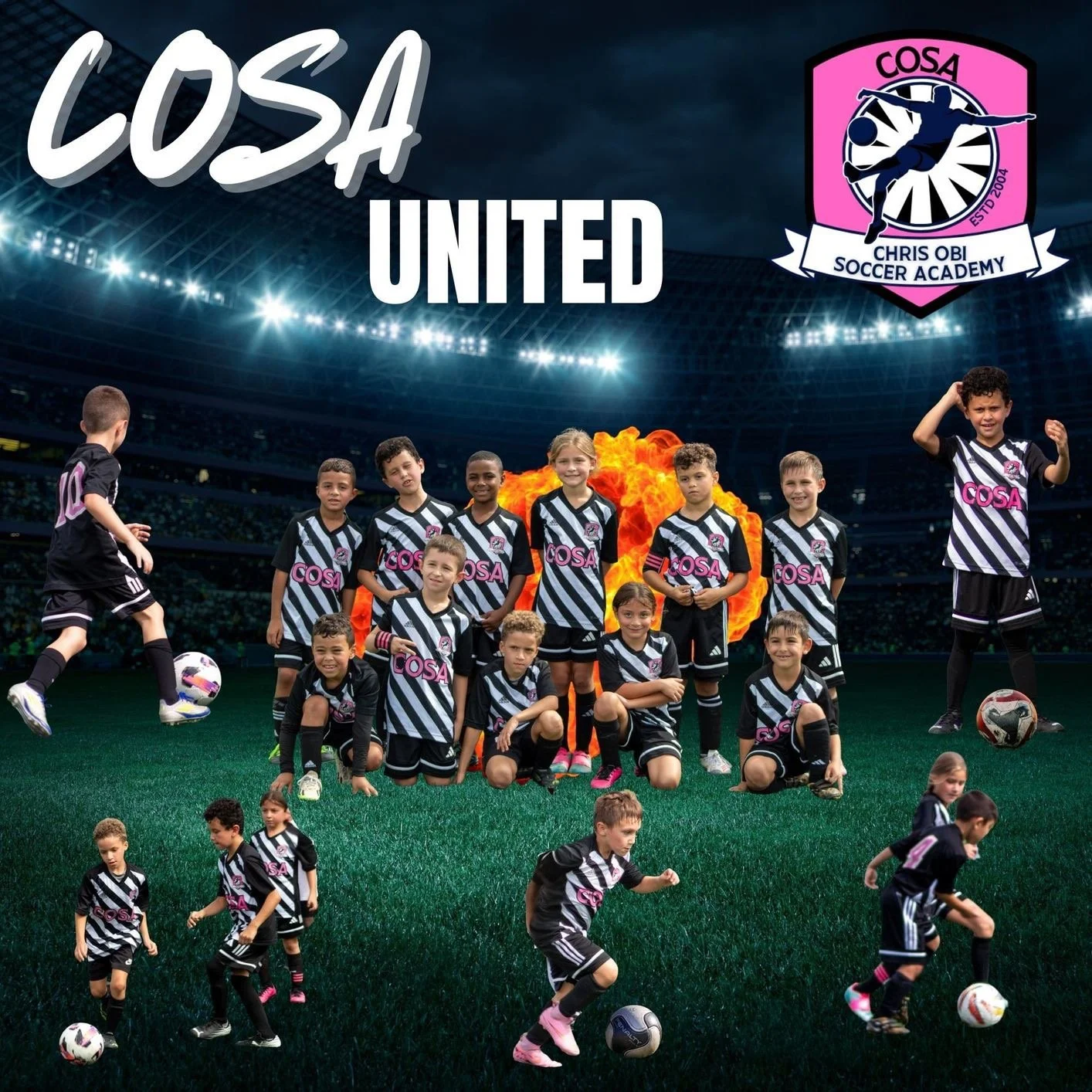 A youth soccer team of 11 children posing in front of a goal on a grass field, all wearing matching black and white striped jerseys with the word 'COSA' on the front.