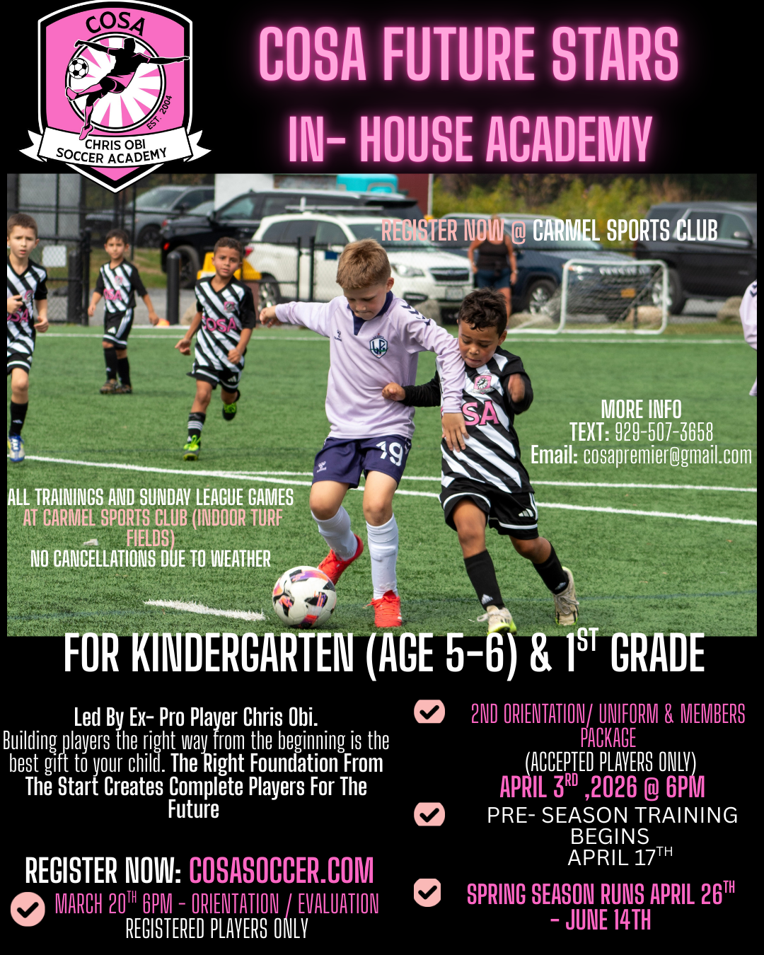 A youth soccer team of 11 children posing in front of a goal on a grass field, all wearing matching black and white striped jerseys with the word 'COSA' on the front.