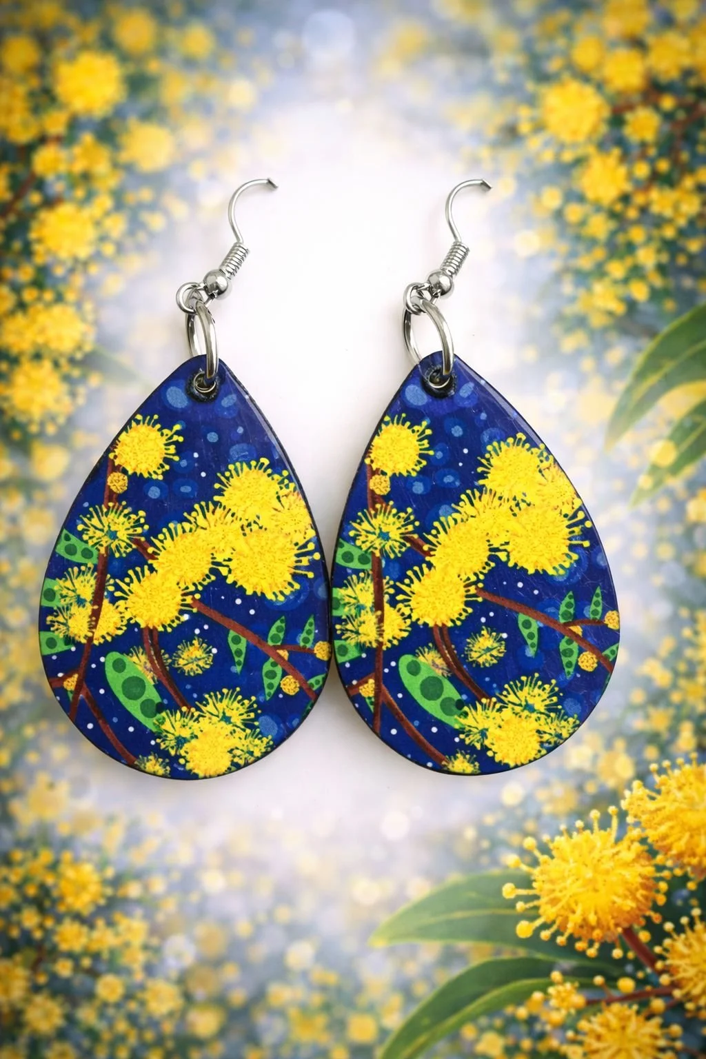 Teardrop earrings with yellow wattle design.jpg